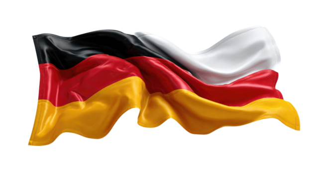 German Flag's Flight: The German flag, a symbol of unity, independence, and national pride, billows and ripples in a display of movement and dynamism.