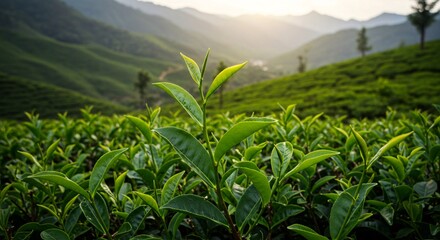 Fototapeta premium Lush green tea plantation landscape with vibrant leaves and misty mountains backdrop
