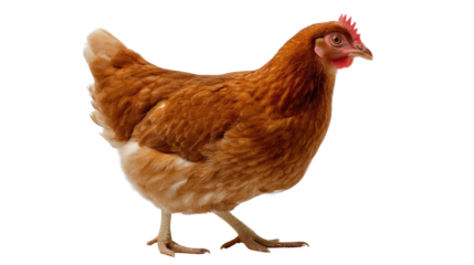 Brown Hen: A Rhode Island Red hen, showcasing its rich, reddish-brown plumage, stands alert and poised.