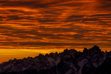 Winter Dolomites rocky tower mountain in Italian Alps, Trentino Alto Adige, Italy. Alps, alpine scenic landscape. Dolomites rocky mountain in Alpes at Cortina di Ampezzo. Tre Cime from Misurina