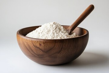 A flour spoon rests inside a wooden bowl filled with rice or wheat flour, which is seen on a plain white background