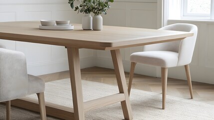 Fototapeta premium Modern Oak Dining Table with Beige Chairs and Minimalist Decor