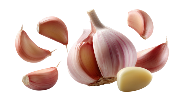 Fresh Garlic Composition: A vibrant composition of a whole bulb of garlic, with cloves artfully arranged, captures the essence of this aromatic culinary ingredient.