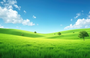 Fototapeta premium Fresh green field background. Sunny landscape under blue sky with few white clouds. Trees on green hills. Countryside nature scenery. Wallpaper for design.