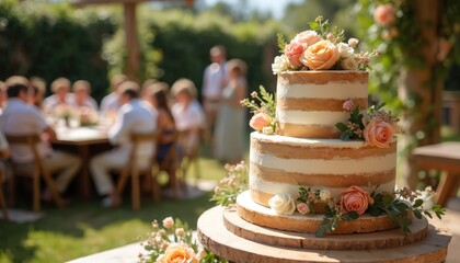 Naked wedding cake adorned with fresh flowers. Guests sit, blurred in background. Rustic outdoor reception with floral decorations, table setting on sunny summer day. Celebration of love, marriage,