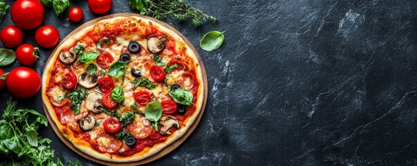 Vibrant pizza toppings on a blank surface seen from above