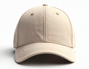 Fototapeta premium Beige baseball cap mockup front view on white. Plain cap design, simple accessory for men, women. Neutral colors. Blank template for branding, product presentation, advertising design. Unisex, casual