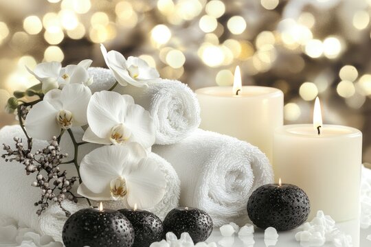 Serene spa setting with white orchids, rolled towels, and lit candles