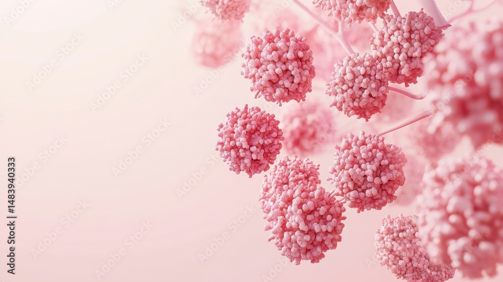 Aufkleber Microscopic view of pink spherical cells connected by thin stems against a soft pink background.