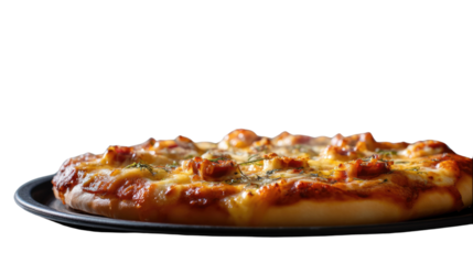 Pizza Delight: A mouthwatering pizza rests gracefully on a dark plate, exuding an aura of inviting culinary bliss.