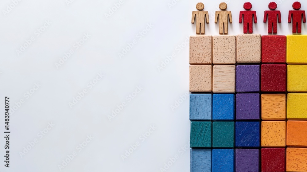 Poster colorful wooden blocks with figurines representing hierarchy or team.