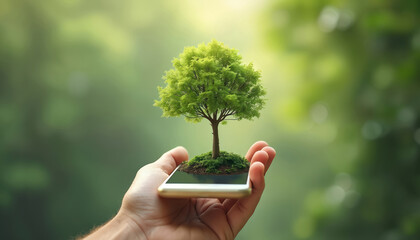 Hand holding smartphone with tiny tree on screen. Concept eco tech, green energy, environmental protection, sustainable development. App monitors climate impact. Eco-friendly lifestyle, innovative,