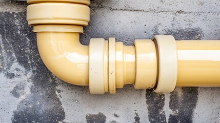 Closeup Yellow PVC Pipes Drainage System Wall