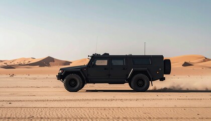 Fototapeta premium Matte Black Armored Vehicle in Desert (Side View)