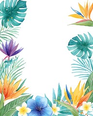 Naklejka premium tropical watercolor invitation border with monstera, plumeria, birds of paradise flowers, and blue sky hues
