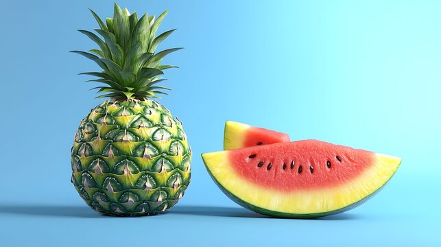 Digital illustration of a pineapple and watermelon slice against a vibrant blue background. - Powered by Adobe
