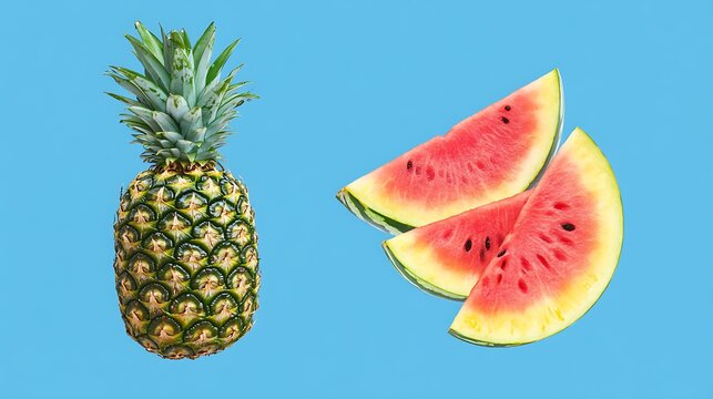 Photograph of pineapple and watermelon slices against a bright blue background.