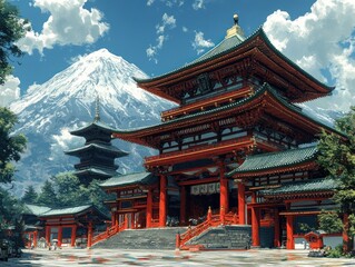 Obraz premium Japanese temple complex with Fuji