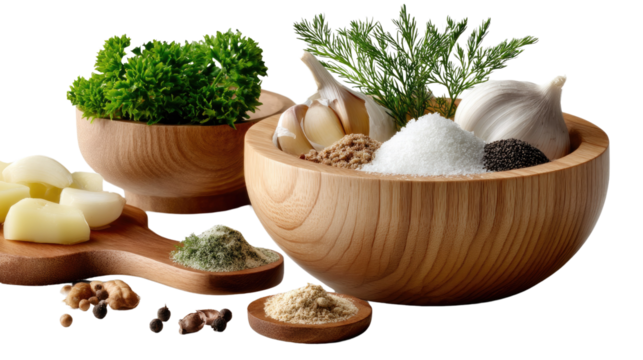Culinary treasures: An inviting array of fresh herbs, spices, and garlic cloves in wooden bowls, a harmonious blend of natural ingredients perfect for enhancing any dish.