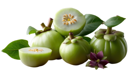 Green Fruits with Pink Flower: A cluster of vibrant green fruits, some halved to reveal their delicate interior and seeds, is accompanied by a single, vibrant pink flower.