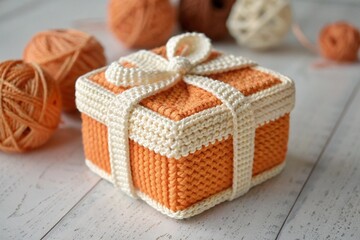 Obraz premium Closeup of a Small Knitted Gift Box with Orange and Cream Accents.