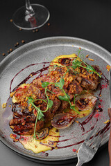 Meat Plating with Elegant Sauce and Greens
