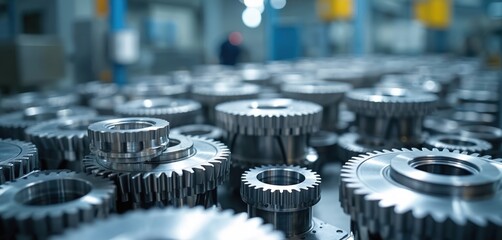 Steel turbine parts in factory. Metalworking machining, manufacturing. Precision engineering, mechanical industry production processes. Metallic gear components. Industrial machinery. Production line.