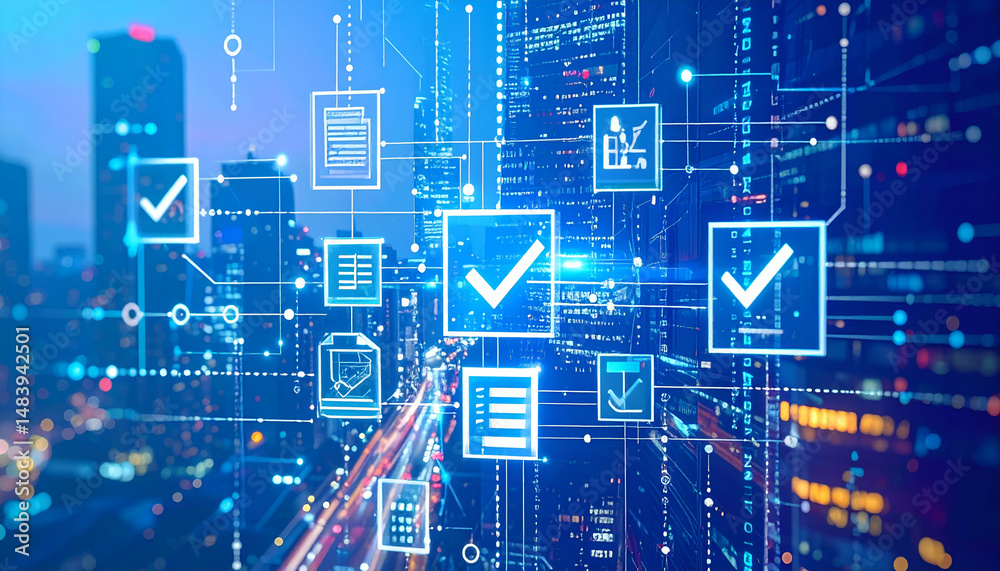 Poster cityscape overlaid with digital checkmarks and workflow icons, representing efficient processes and 