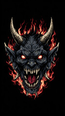 Demon Skull Head Horror Graphic Fiery Illustration Black Beast Evil Creature Monster Artwork Design Sinister Malevolent Fire Red Orbs Dark Fangs Mystical Sinister Visuals Mythical Intense Fantasy