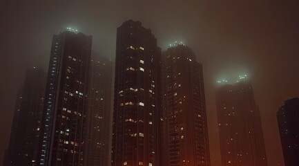 Fototapeta premium Foggy night cityscape with illuminated skyscrapers