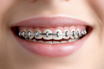 Obraz premium Extreme close-up of open mouth with braces and rubber bands