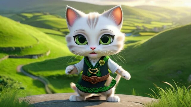 Kitten in a Kilt: "3D painting of a playful kitten with big expressive eyes, wearing a Scottish kilt with bright patterns, jumping against the backdrop of Scottish mountains and a lake.