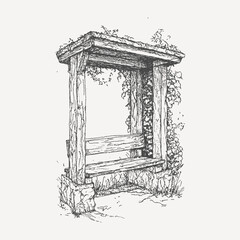 Rustic Gazebo Serenity: An exquisite sketch of a serene wooden gazebo, draped with verdant vines, inviting contemplation and offering a tranquil respite from the world's hustle.