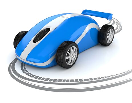 Blue Computer Mouse Shaped Race Car on Track