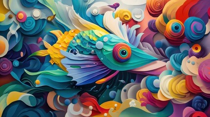 Vibrant paper-cut style artwork depicting colorful fish swimming in an abstract ocean