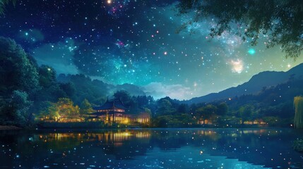 Fototapeta premium Serene nightscape Lakeside pavilion under a vibrant, starry sky