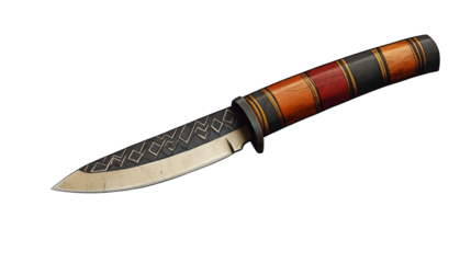 Intricately Designed Knife with Geometric Patterns and Colorful Handle for Adventure and Surviv