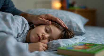 Parent stroking sleeping child's head at bedtime. Caucasian kid resting peacefully with storybook nearby. Bedtime routine concept. Healthy sleep habits. Parental care.
