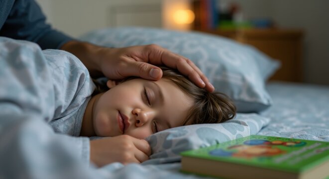 Parent stroking sleeping child's head at bedtime. Caucasian kid resting peacefully with storybook nearby. Bedtime routine concept. Healthy sleep habits. Parental care.