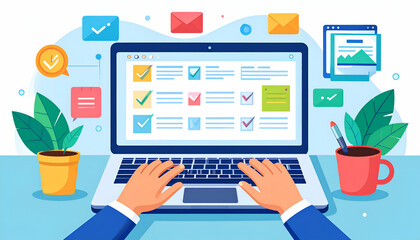 Hands typing on laptop, task management interface