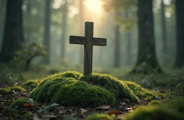 Wooden cross on a mossy hill in a peaceful forest. Nature funeral backdrop, cemetery gravestone, religious symbol of Jesus Christ. Memorial, faith concept at graveyard.