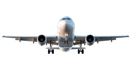 Airplane Frontal View: A striking frontal view of an airplane soaring, showcasing its sleek design and powerful engines against an expansive open sky, representing the essence of travel and aviation.