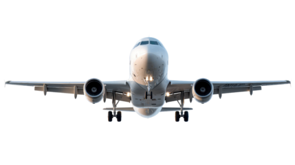 Airplane Frontal View: A striking frontal view of an airplane soaring, showcasing its sleek design and powerful engines against an expansive open sky, representing the essence of travel and aviation.