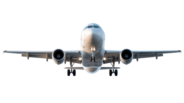Airplane Frontal View: A striking frontal view of an airplane soaring, showcasing its sleek design and powerful engines against an expansive open sky, representing the essence of travel and aviation.