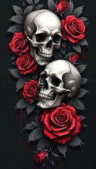 Gothic illustration with skulls, red roses and leaves on black background. Dark art, tattoo design elements. Aesthetic for posters, print, cards, stickers or other design.