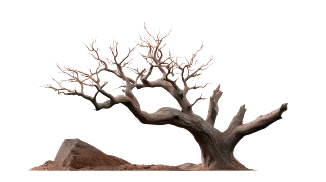 Arid Tree: Capturing the resilient spirit of nature, a solitary tree stands weathered and worn, its gnarled branches reaching skyward, against a background.