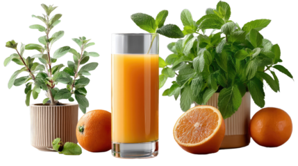 Fresh Citrus Elixir: A refreshing blend of orange juice, surrounded by vibrant oranges, verdant herbs, and leafy plants, creating a scene of natural vitality and pure, healthful goodness.