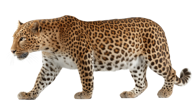 Majestic Leopard Stroll: Witness a magnificent leopard, adorned in its iconic spotted coat, gracefully navigating its environment. a symbol of nature's artistry and the untamed wilderness.