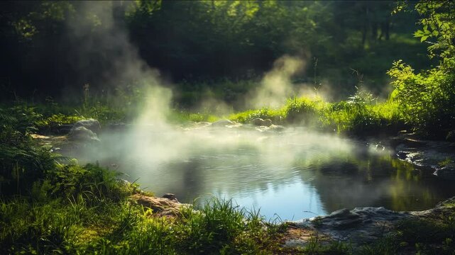 A large body of water with steam rising from it. The water is blue and surrounded by green plants