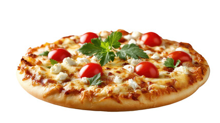 Delicious Pizza: A mouthwatering pizza with fresh tomatoes, melted cheese, and vibrant basil, showcasing the perfect balance of flavors and textures.